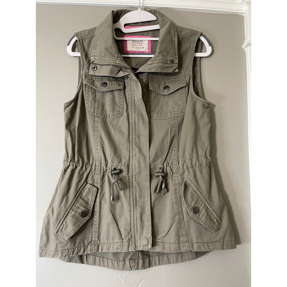 Ashley by 26 International Utility Vest Olive Green Military Full Zip Small